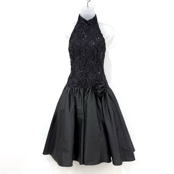 HW Collections Dress Womens XS Black VTG Whimsigoth Glam Event Sequins Prom Lace - Picture 1 of 12